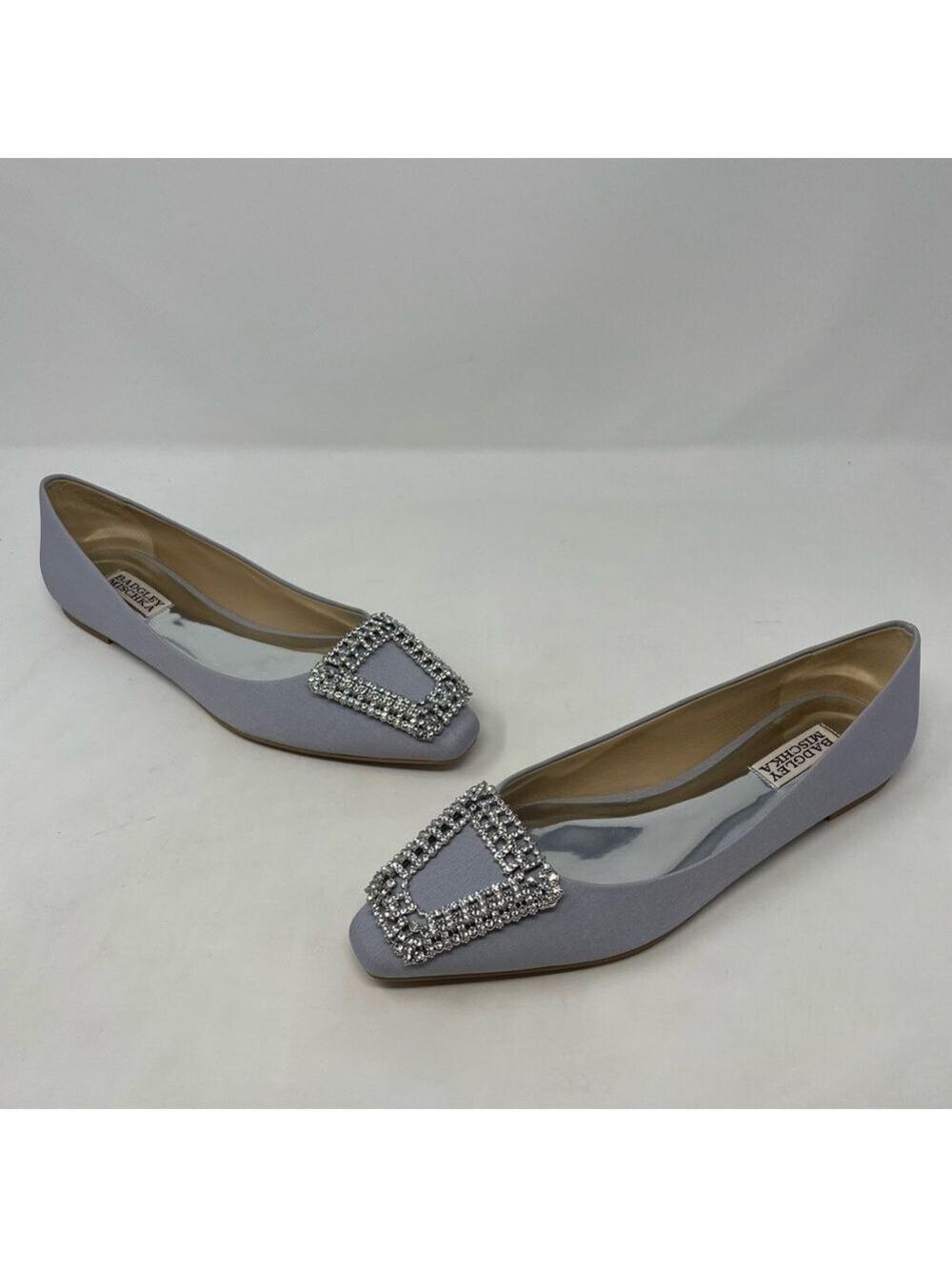 Badgley Mischka Emerie Embellished Crystal Buckle Satin Silver Slip on Flats NWT - Picture 6 of 13